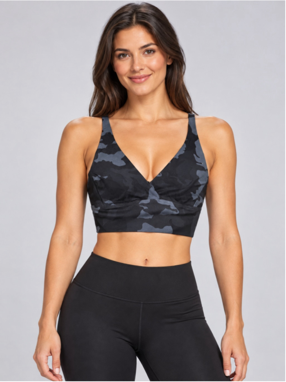 prAna Layna Brami Black Camo Sports Bra Womens Medium V Neck Yoga Bralette NWT